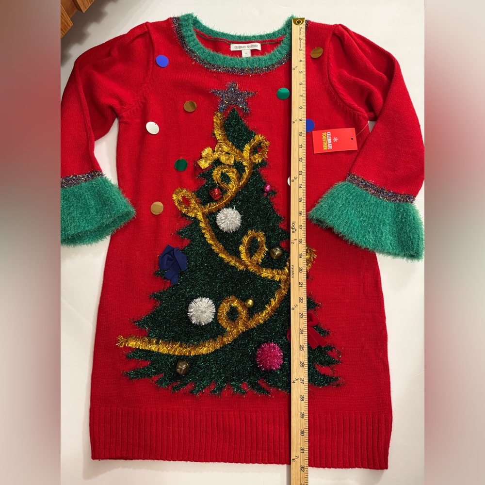 NWT Ugly Christmas Sweater Dress 3D Tinsel Tree Bells Fuzzy Cuffs Red Size M